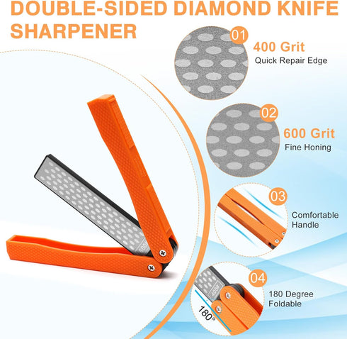 3PCS Garden Tool Sharpener, 2PCS Double-Sided Diamond Knife Sharpener/ 1PCS Retractable Diamond Sharpening Rod, Blade Sharpener Stone Pocket Knife...