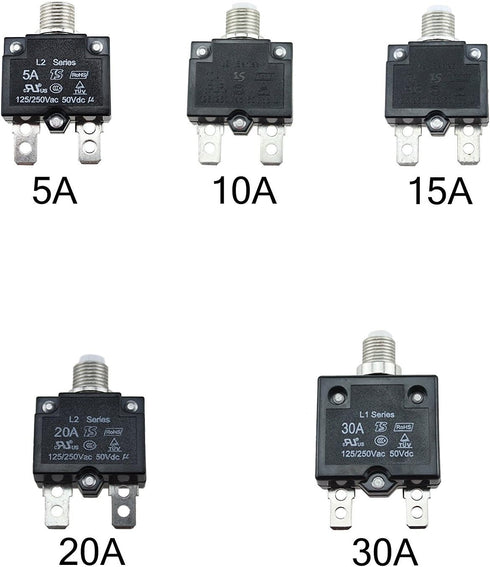 5pcs Push Button Reset 5A 10A 15A 20A 30A Circuit Breakers with Quick Connect Terminals and Waterproof Button Cap...