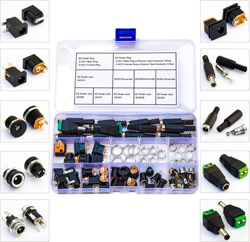 DC Power Jack Connector Assorted Kit, 5.5 x 2.1mm DC Power Supply Jack Socket Male Female Panel Mount Connector 2Pin 3Pin with Hex Nut, DC005 DC01...
