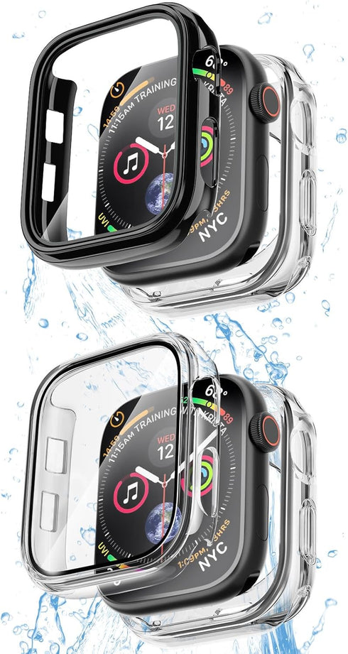 COOLQO 2 Pack Waterproof 2 in 1 Case Compatible for Apple Watch 38mm 3 2 1, with 9H Tempered Glass Screen Protector, Full Body Cover for iWatch 38...