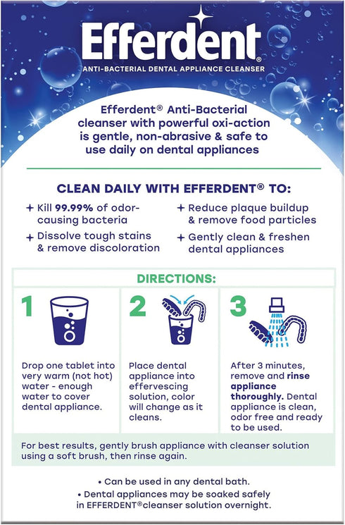 Efferdent Denture Cleaner Minty Fresh & Clean, Retainer Cleaning Tablets for Aligners, Dentures, and Dental Appliances, 90 Count...
