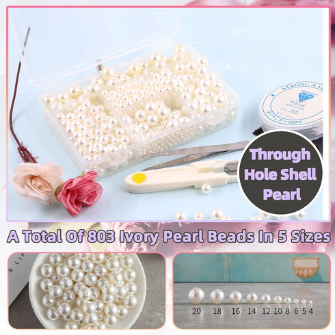 Swpeet 800Pcs 5 Sizes 4mm 6mm 8mm 10mm 12mm White Perforated Pearl Beads and Scissors Tweezers with 0.8mm Elastic Bead Thread Assortment Kit, Craf...