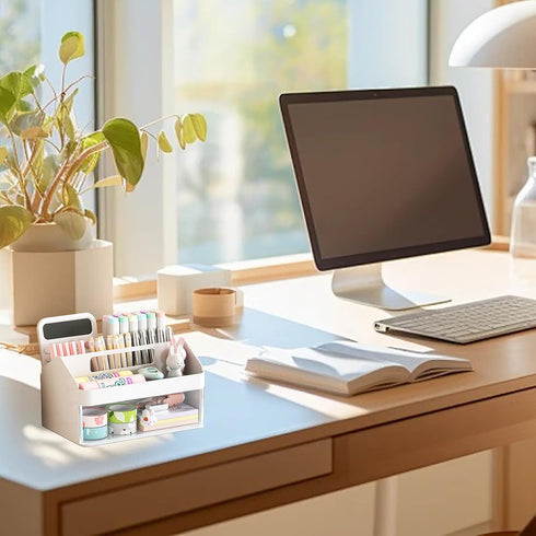 SAYEEC Desk Organizer with Drawer, Cute Pencil Pen Holder with Handle and 6 Compartments, Multi-Functional Makeup Organizer Storage Box, Desktop A...