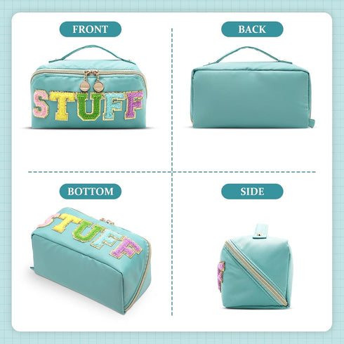 Stoney Clover Preppy Makeup Bag, Large Capacity Travel Cosmetic Bag, Chenille Letter Open Flat Nylon Bag, Mint...