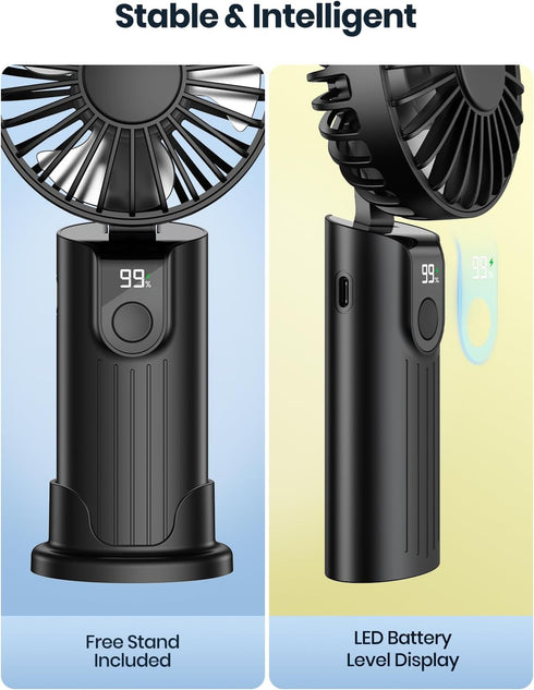 Portable Handheld Fan, 5000mAh Battery Operated Fan with LED Display, Hand Held/Neck/Desk 3 in 1 Small Personal Mini Fan 180° Foldable USB Recharg...