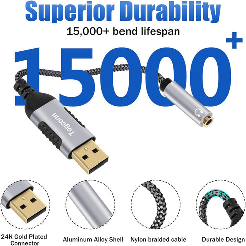 USB 3.0 Male to 3.5mm TRRS 4-Pole Female Headphone Jack Adapter, USB-A to Aux Audio Dongle Cable Cord, External Sound Card Converter for Headset, ...