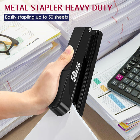 Metal Stapler Heavy Duty 50 Sheet Capacity with 1750 Staples and Staple Remover, Full Strip Staplers for Desk, No Jam, Non-slip Office Stapler wit...