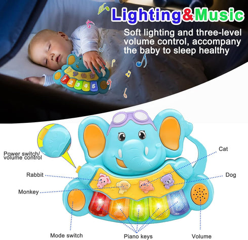 Baby Piano Toys 6 to 12 Months Early Learning Baby Girl Toys 6 to 12 Months Elephant Piano Keyboard Toys Infant Toys for 6-12-18 Month Light Up Mu...