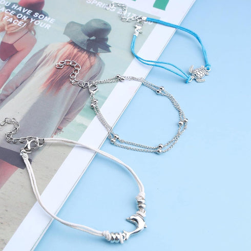 Boho Turtle Ankle Bracelet Silver Dolphin Braided Anklet Bracelet Layered Turtle Woven Rope Anklets Vintage Satellite Ball Anklet Foot Chain Jewel...