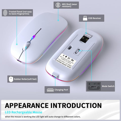 Wireless Bluetooth Mouse, Rechargeable LED Dual Mode Mouse (Bluetooth 5.2 and USB Receiver) Portable Silent Mouse,for Laptop/Desktop/Tablet(White)...