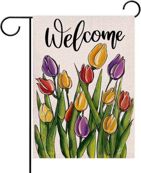 Welcome Spring Floral Flowers Garden Flag Double Sided, Tulip Decorative Yard Outdoor Home Small Decor, Summer Farmhouse Burlap Outside House Deco...