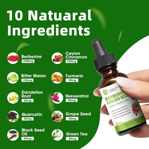 Berberine Supplement Liquid Drops, Berberine 1500mg with Ceylon Cinnamon, Turmeric, Resveratrol, Bitter Melon, & More-10X Extra Strength Vegan Sup...