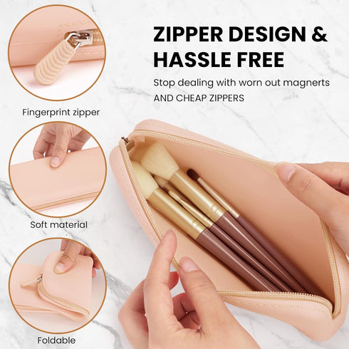 Travel Makeup Brush Holder,Silicone Makeup Brush Holder,Makeup Brush Bbag,BPA free Travel Accessories7.9 x 3.15 x 1.18 inches(Shell powder)...