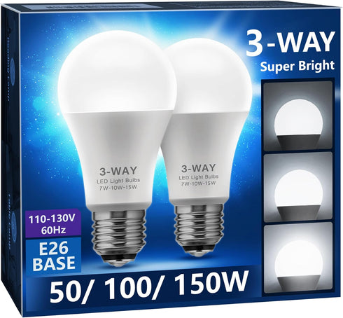 Briignite 3 Way LED Light Bulbs, 3 Way Light Bulbs 50 100 150W Equivalent Daylight 5000K A19 Light Bulbs E26 Base, Three Way Light Bulbs Indoor 3-...