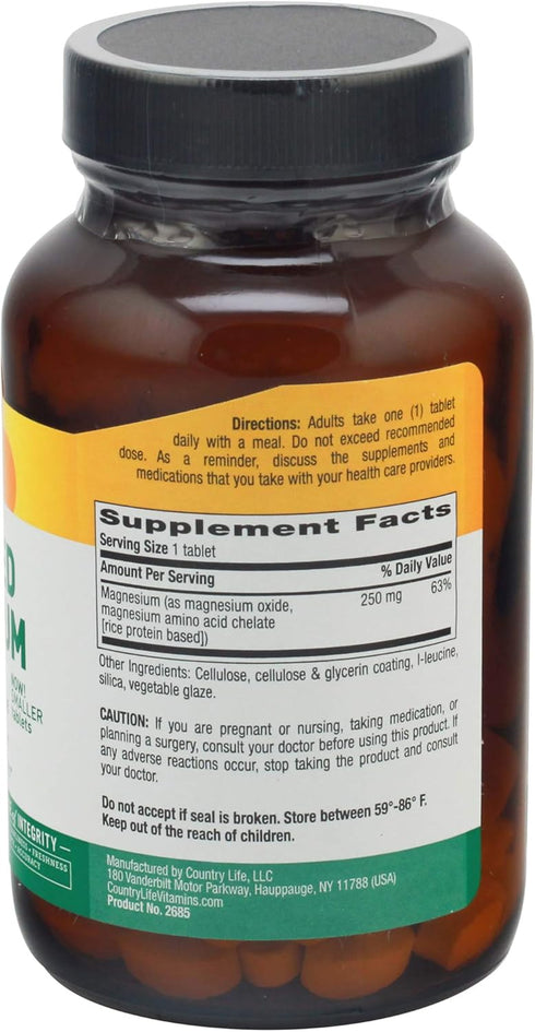 Country Life, Chelated Magnesium 250mg, Supports Bone and Immune Health, Daily Supplement, 90 ct...
