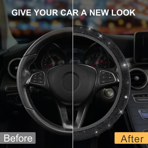 Bling Diamond Car Steering Wheel Cover, Anti-Slip Soft 14.5-15.5 Inch Sparkly Rhinestone Steering Wheel Protector for Women Men, Universal Fit Mos...