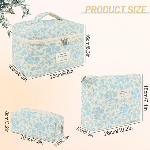 3Pcs Cotton Quilted Makeup Bag Large Travel Cosmetic Bag,Big Coquette Makeup Bag,Floral Aesthetic Toiletry Organizer Bag Zipper Pouch for Women Gi...