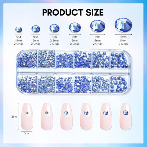 Makartt Blue Nail Rhinestones Flatback Rhinestones Multi-Size Round Crystal Glass Nail Charms Diamonds Nail Jewels Rhinestones for DIY Crafts Make...