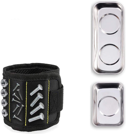 Magnetic Tray Set, 2PC Magnetic Tool Trays (3.6" x 2.4" / 5.9" x 2.5" Square) And Black Magnetic Wristband, Best Gift for Men, Women, DIY Handyman...