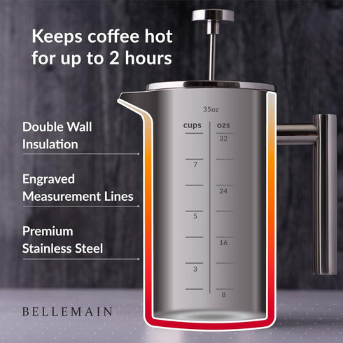 Bellemain French Press Coffee Maker Extra Filters Included, 35 oz, Stainless Steel...