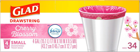 Glad Trash Bags, OdorShield Small Drawstring Garbage Bags, 4 Gallon Trash Bag, Febreze Cherry Blossom, 34 Count (Package May Vary)...