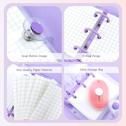 2 Pack Mini Transparent 3 Ring Binder Covers with Binder Inner Paper and Pockets, Clear Soft PVC Notebook Closure Loose Leaf Folder with Snap Butt...