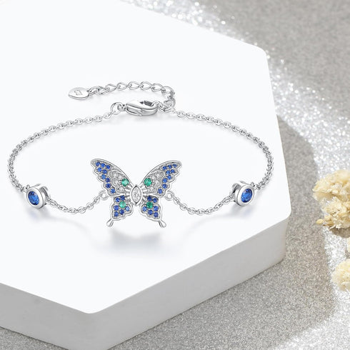 White Gold Plated Butterfly Bracelets for Women: Adjustable Blue Cubic Zirconia Butterfly Ankle Chain...