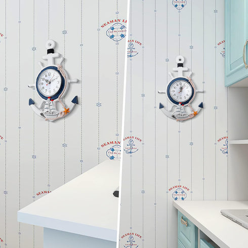 Sea Theme Nautical Anchor Steering Wheel Fishing Net Wall Clock Suit for Hanging Decoration Ornament Shelf Stand Wall Mounted...
