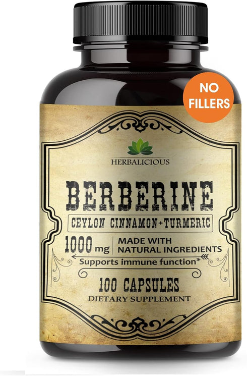 Berberine Capsules Ceylon Cinnamon & Turmeric - Berberine HCL Dietary Supplement for Men and Women – Non GMO Berberine 1000mg – Ideal for Immune S...