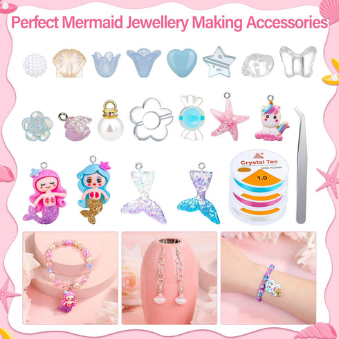 Qinzave 802Pcs Bracelet Making Kit for Girls Mermaid Beads for Jewelry Making Assorted Sizes 6mm 8mm Jewelry Making Kit with Mermaid Shell Pendant...