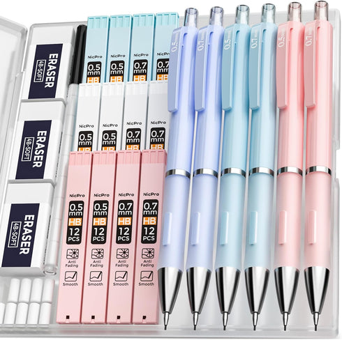 Nicpro 6PCS Pastel Mechanical Pencil Set 0.5 & 0.7 mm with 12 tubes HB Lead Refills, 3 Erasers, 9 Eraser Refills For School Writing, Drawing, Sket...