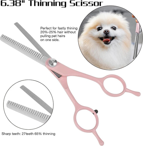 Professional Dog Grooming Scissors Set, 4 in 1 Dog Grooming Scissors Kit, Curved Dog Scissors Pet Thinning Shears, Pink...