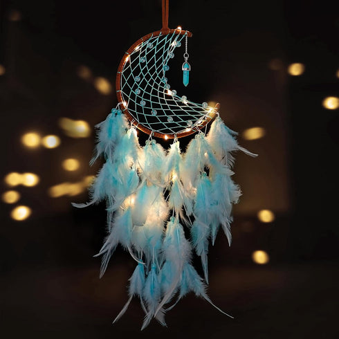 Dremisland Moon Dream Catcher with Fairy Lights-Handmade Feather Lucky Turquoise Pendant Beads Wall Hanging Ornament for kids Bedroom Home Decorat...