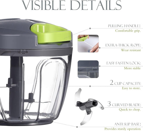 Ourokhome Manual Food Processor Vegetable Chopper, Portable Hand Pull String Garlic Mincer Onion Cutter for Veggies, Ginger, Fruits, Nuts, Herbs, ...