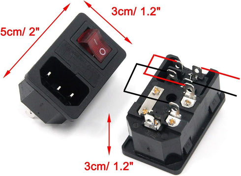 Antrader 2pcs AC250V 10A IEC 320 C14 Inlet Panel Socket w Fuse w Red Light Rocker Switch Power Supply Terminal Crimps Connector with Wires......