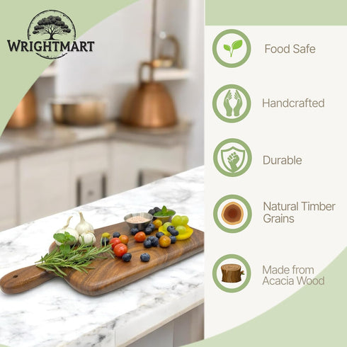 Solid Acacia Wood Cutting and Serving Board with Handle – Handmade, Joint Free Displaying Beautiful Continuous Wood Grains, Double-Sided, Small Ch...
