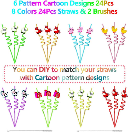 24PCS Farm Animal Drinking Straws Reusable for Kids Farm Theme Birthday Party Favors Supplies Decorations with 2 PCS Cleaning Brushes (Farm Animal...