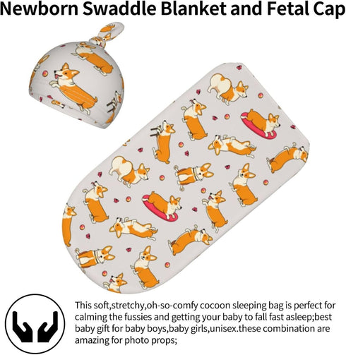 Cute Swaddle Blanket dog corgi Baby Stuff Newborn Baby Swaddling Blanket Sleep Sack with Beanie Hat Sets for Boys Girls Infant and Baby Shower Uni...