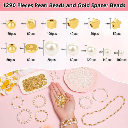1290 Pieces Pearl Beads and Gold Spacer Beads for Bracelets Making, Assorted Gold Beads, Pearls for Bracelet Jewelry Making Kit...