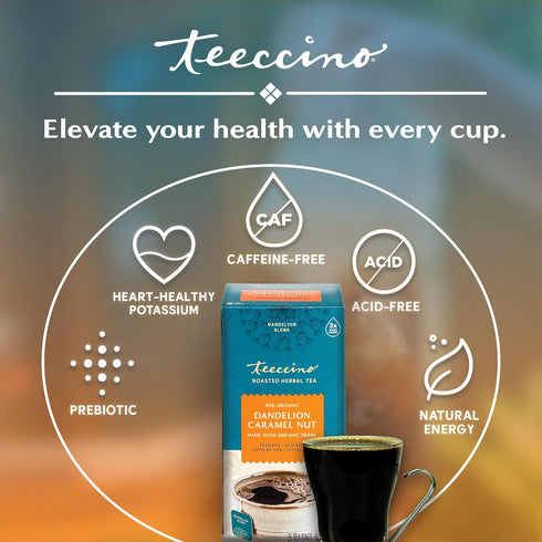Teeccino Dandelion Caramel Nut Tea, 25 Tea Bags - Caffeine Free, Roasted Herbal Tea with Prebiotics, 3x More Herbs than Regular Tea Bags, Gluten F...