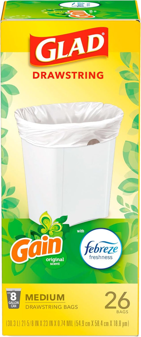 Glad Trash Bags, Medium Drawstring Garbage Bags, 8 Gal, Gain Original Scent with Febreze, 26 Ct (pack of 1), Pack May Vary...