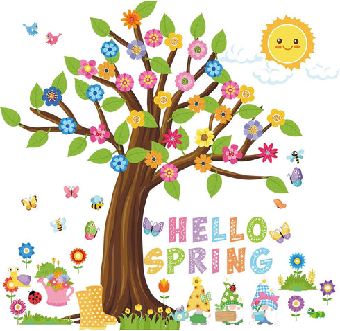 150 Pcs Spring Classroom Tree Bulletin Board Set Hello Spring Bulletin Board Decorations Flowers Green Leaves Woodland Cutouts Bulletin Board Stic...