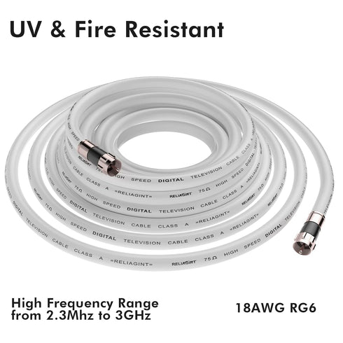 6FT RG6 Coaxial Extension - White Cable with F Connector, Low Loss, High Speed for Digital TV Aerial, Antenna, and Satellite...