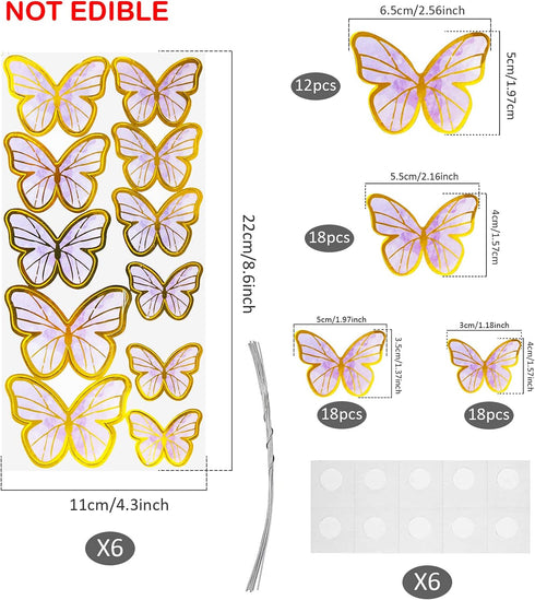 Set of 66 Pack Purple Gold Cupcake Toppers Mixed Size&Colour 3D Butterfly Cake Picks Decorations with Dot Glue and Support Stick for Girl Women We...