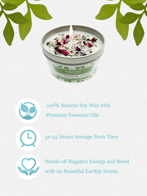 TOMOKO White Sage Candle, Sage Leaf, Rose, Lavender, Himalayan Salt & Essential Oil...