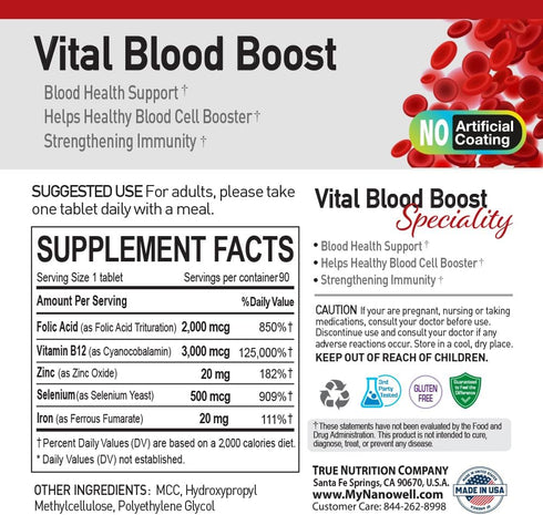 Vital Blood Boost - Dietary Supplement for White and Red Blood Cell Support - Iron with Selenium, Zinc, Vitamin B12 & Folic Acid - 90 Tablets, 90 ...