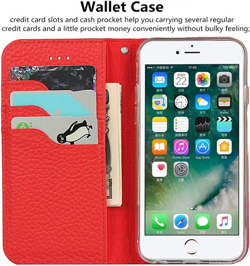 iCoverCase Genuine Leather Wallet Case Compatible with iPhone 6s Plus/6 Plus - Wrist Strap, Card Holder, Magnetic Closure, Kickstand Flip Cover (R...