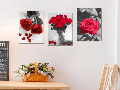 Ardemy Red Rose Canvas Wall Art Flowers Pictures Bathroom Decor, Black White Florals Painting Modern Romantic Framed for Bedroom Living Room Dinni...