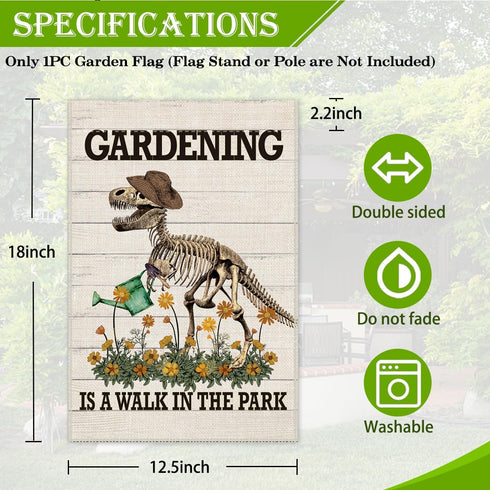Gardening is a Walk in The Park Welcome Garden Flag, 12 x 18 Inch Double Sided Holiday Outdoor Farmhouse Lawn Decor Flag, Dinosaur Skeleton Yard F...