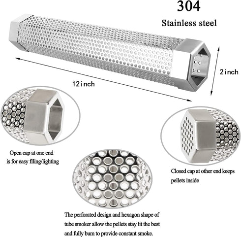 Pellet Smoker Tube 12in Stainless Steel BBQ Smoke Tube for Hot or Cold Smoking 5 Hours of Billowing smoke,Stainless Steel Pellet Smoker Tube for A...